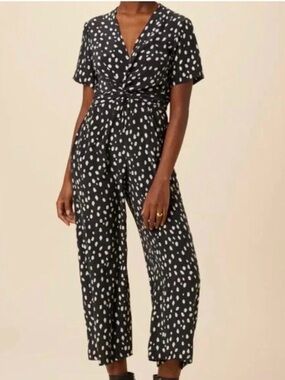 NWT Amour Vert Black and Ivory Fantasia Silk Jumpsuit